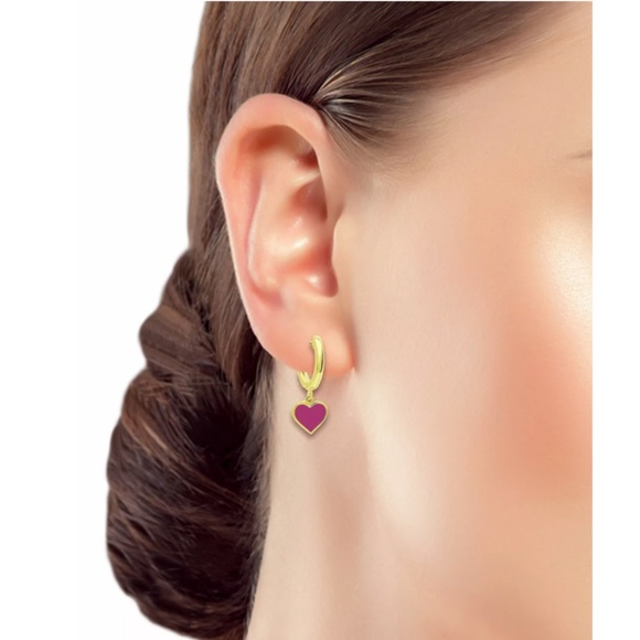Brand New Enamel Heart Drop Huggie Hoop Earrings - Picture 2 of 3